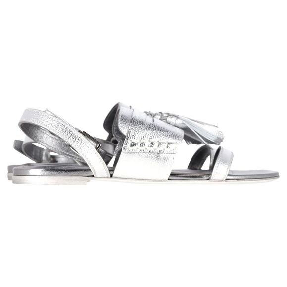 Burberry Bethany Tassel Detail Flat Sandals in Metallic Silver Leather - Picture 1 of 6